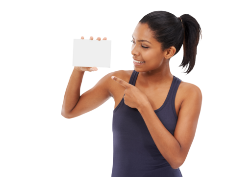 Fitness, pointing at mockup and a woman with a card isolated on a transparent background for sports advertising. Exercise, marketing and blank or empty space with a happy young female athlete on PNG