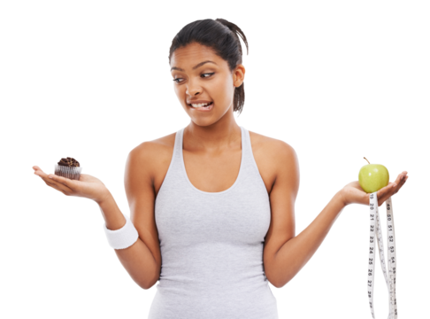 Isolated woman, cupcake and apple with choice, nutrition or hungry by transparent png background. Girl, model and thinking for decision with healthy fruit, candy or happy with mindset for diet goal