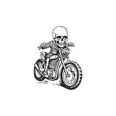 Retro motorcycle skull Riding, black and white detailed vector illustration isolated without backdrop, flat style. Icon of a stylish vintage motorbike with details for decoration 