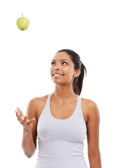 Throw, smile or happy woman with an apple for healthy nutrition, clean diet or digestion benefits....