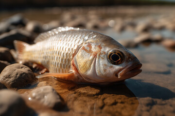 Drought, nature and wild life disaster. Close-up of a fish lying on a dry river or lake