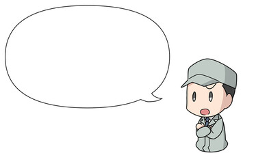 作業着を着た険しい顔の男性のイラスト・フキダシ付き