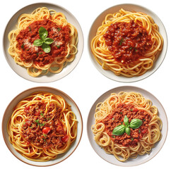 Collection of plates of spaghetti with bolognese sauce, top view on a transparent background, Generative AI