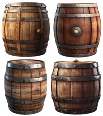 Wooden wine or beer barrels, also  used as rain barrels a transparent background, Generative AI