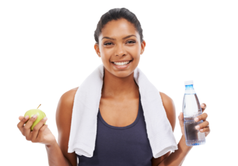 Isolated woman, apple and water in portrait for diet, hydration or fitness by transparent png background. Girl, model or personal trainer with bottle, fruit or happy for nutrition, workout and health