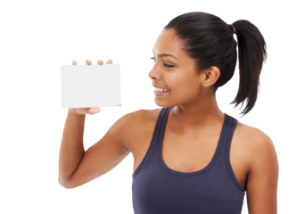 Fitness, woman and billboard for advertising or marketing standing isolated on a transparent PNG background. Happy female person looking and holding poster, sign or card for copy space advertisement