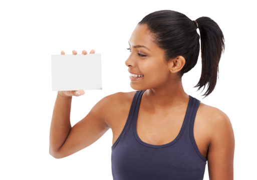 Fitness, woman and billboard for advertising or marketing standing isolated on a transparent PNG background. Happy female person looking and holding poster, sign or card for copy space advertisement - Powered by Adobe