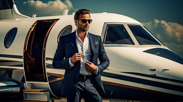 Smiling businessman with private plane on background. Business jet exterior.