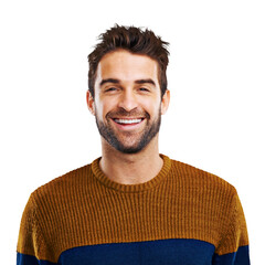 Man, happy and handsome face with joy for funny joke isolated on a transparent, png background. Portrait, smile and young male person with modern jersey with fashion and trendy style feeling cool
