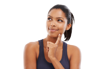 Fitness, woman thinking and isolated against a transparent png background for workout. Thought or idea, exercise or training and young African female person think for practice health wellness