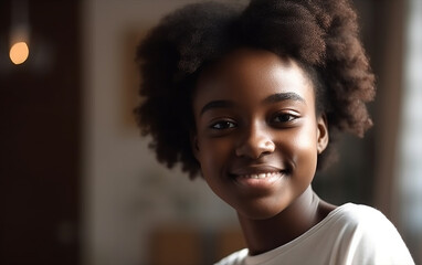 Black dark-skinned african american teenage girl smiling portrait at home. Generative AI