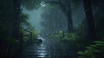 Torrential Rain in Enchanting Forest: Captivating Stock Photo of Thunderstorms and Nature's Fury.