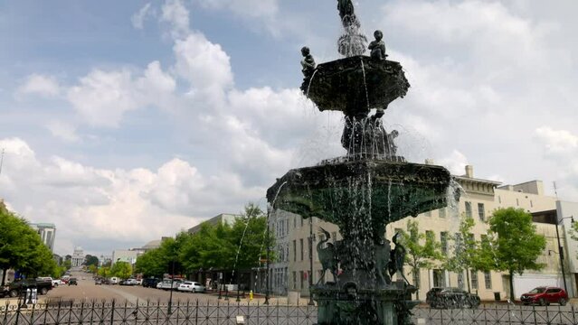 Court Square Fountain in downtown Montgomery, Alabama with gimbal video panning right to left.