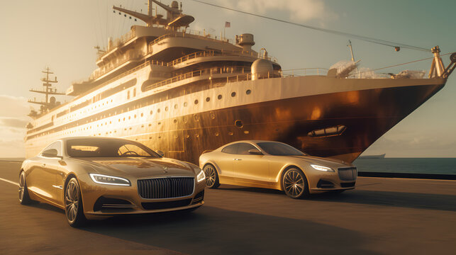 Golden Car and Ship: Striking Stock Photo of Luxurious Transportation in Gleaming Gold.