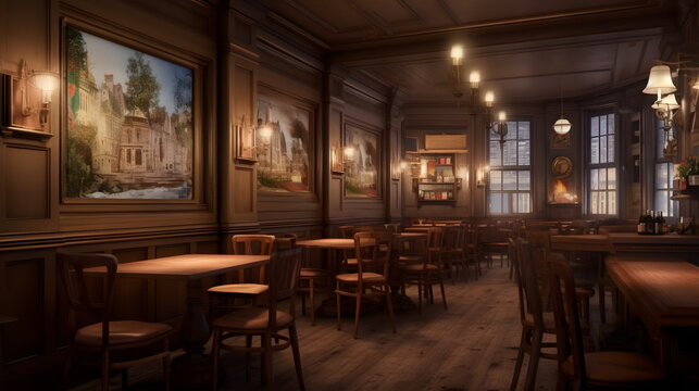 Vintage Pub Charm: Classic Bar Interior with Wooden Paneling. Captivating Stock Photo