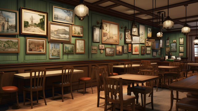 Vintage Pub Charm: Classic Bar Interior with Wooden Paneling. Captivating Stock Photo