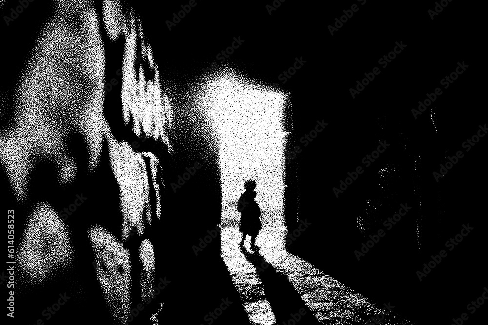 Poster Ancient ruins in sci-fi scene with dotwork retro style. Mysterious gate debris with dramatic lights and retro texture