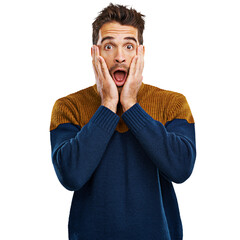 Wow, surprise and hands on face of man on isolated, transparent and png background with announcement. Portrait, omg and male person with open mouth emoji for good news, sale or deal, secret or wtf - obrazy, fototapety, plakaty