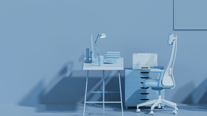 Blue monochrome minimal office table desk. Concept for study desk and workspace with screen desktop. Flat lay style. Mockup template. 3d render - obrazy, fototapety, plakaty