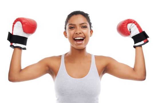 Portrait, boxing gloves and woman celebrating fitness success on isolated, transparent and png background. Sports, fighter and face of female boxer with fist pump for training, goal and achievement - Powered by Adobe