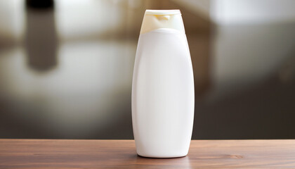 white vase on a white background, Dark wooden table , Empty white shampoo bottle top on table, Blurred white background