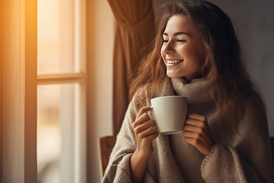 Portrait of joyful young woman enjoying a cup of coffee at home and laughing in an autumn day. Generative ai