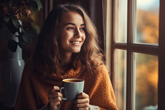 Portrait of joyful young woman enjoying a cup of coffee at home and laughing in an autumn day. Generative ai
