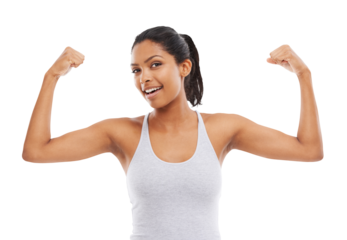 Gym, fitness and portrait of woman flexing arms isolated on transparent png background for muscle building tips. Health, wellness and exercise with Indian athlete or sports model girl with arm flex.