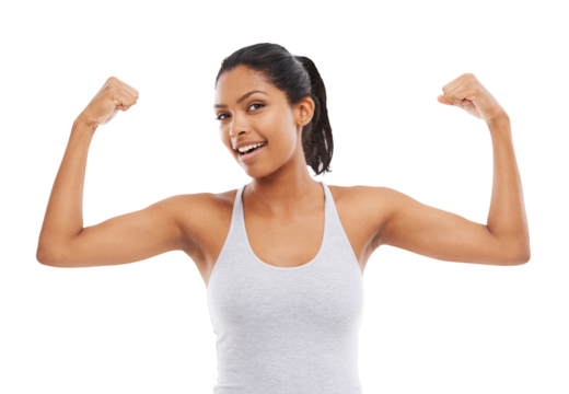 Gym, fitness and portrait of woman flexing arms isolated on transparent png background for muscle building tips. Health, wellness and exercise with Indian athlete or sports model girl with arm flex.