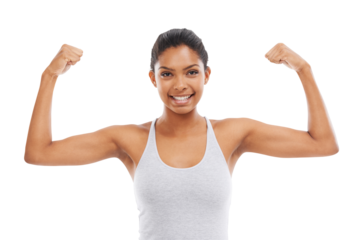Power, fitness and portrait of woman flexing arms isolated on transparent png background for muscle building tips. Health, wellness and exercise with Indian athlete or sports model girl with arm flex