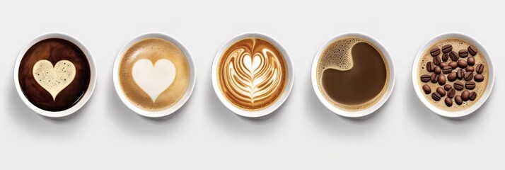 Top view, coffee cup assortment with heart sign top view collection isolated isolated on white background. Generative ai