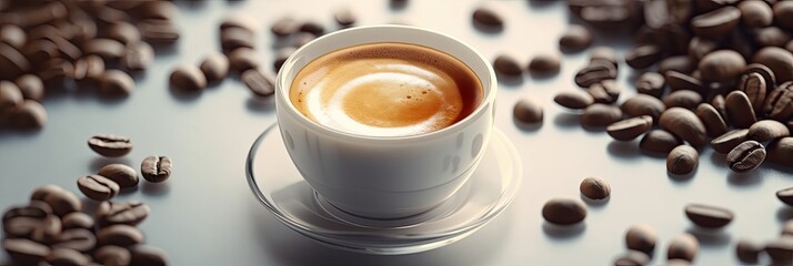 Top view, hot espresso and coffee bean on white background. Generative ai