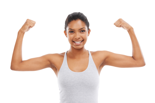 Power, fitness and portrait of woman flexing arms isolated on transparent png background for muscle building tips. Health, wellness and exercise with Indian athlete or sports model girl with arm flex