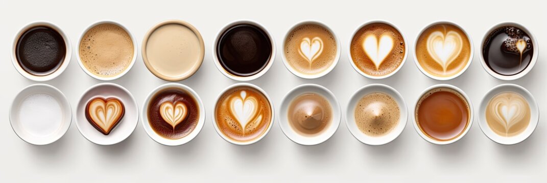 Top view, coffee cup assortment with heart sign top view collection isolated isolated on white background. Generative ai