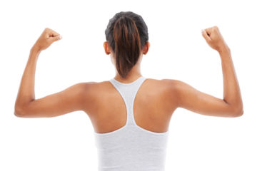 Fitness, woman flexing arms from back and isolated on transparent png background for muscle building tips. Health, wellness and exercise with athlete or sports model girl with arm flex from behind.