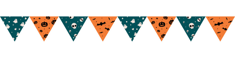 Flag with pumpkins, monsters, vampire bats, skulls and ghosts motif for Halloween decoration on transparent background