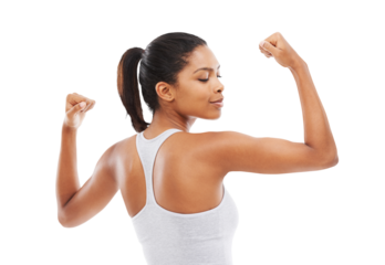Flexing, fitness and woman with exercise, training and confident model isolated against a transparent background. Female person, athlete or girl with self care, training or flex with png and wellness