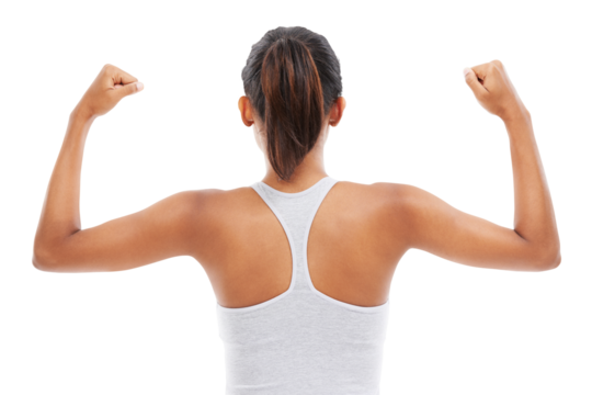 Fitness, woman flexing arms from back and isolated on transparent png background for muscle building tips. Health, wellness and exercise with athlete or sports model girl with arm flex from behind.