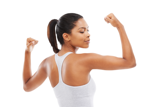 Flexing, fitness and woman with exercise, training and confident model isolated against a transparent background. Female person, athlete or girl with self care, training or flex with png and wellness - Powered by Adobe