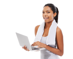 Isolated woman, workout and portrait with laptop for fitness information, reading and transparent png background. Girl, model or personal trainer with pc for writing exercise blog, research or health