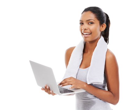 Isolated woman, workout and portrait with laptop for fitness information, reading and transparent png background. Girl, model or personal trainer with pc for writing exercise blog, research or health
