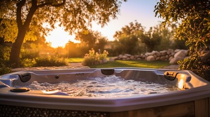A bubbling hot tub in a backyard. Generative AI.