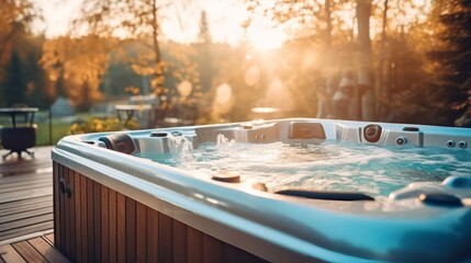 A bubbling hot tub in a backyard. Generative AI. - obrazy, fototapety, plakaty