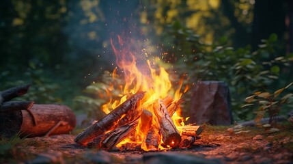 A roaring campfire outdoors. Generative AI. - obrazy, fototapety, plakaty