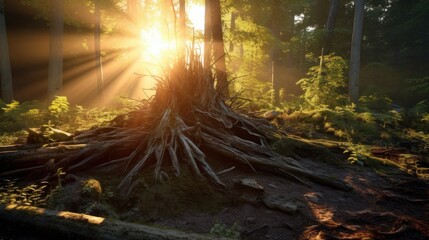 Tree is firmly held by its roots in a dense forest at sunrise. Beauty and tranquility of nature. Generative AI