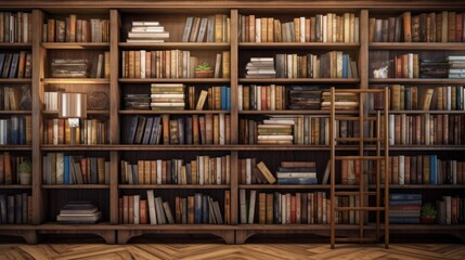 Fascinating background with books neatly arranged on wooden shelves. The warmth and charm of a cozy library. Generative AI