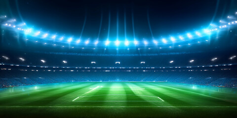 the stadium at night is highlighted by bright lights on green grass. Generative AI	