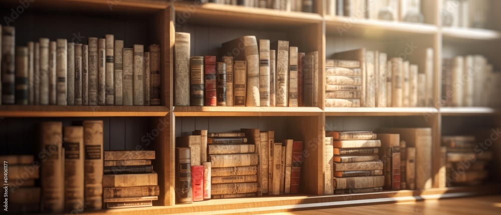 Wall mural Fascinating background with books neatly arranged on wooden shelves. The warmth and charm of a cozy library. Generative AI