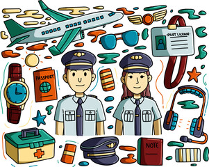 Doodle illustration designs with the theme of the pilot profession can be used for merchandise such as t-shirts, clothes, mugs, etc.