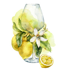 Watercolor tropical composition of lemon, glass and leaves. Hand painted card of fresh fruits isolated on white background. Tasty food illustration for design, print, fabric or background.